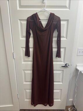 Brown Long Sleeve Cowl Neck Maxi Dress